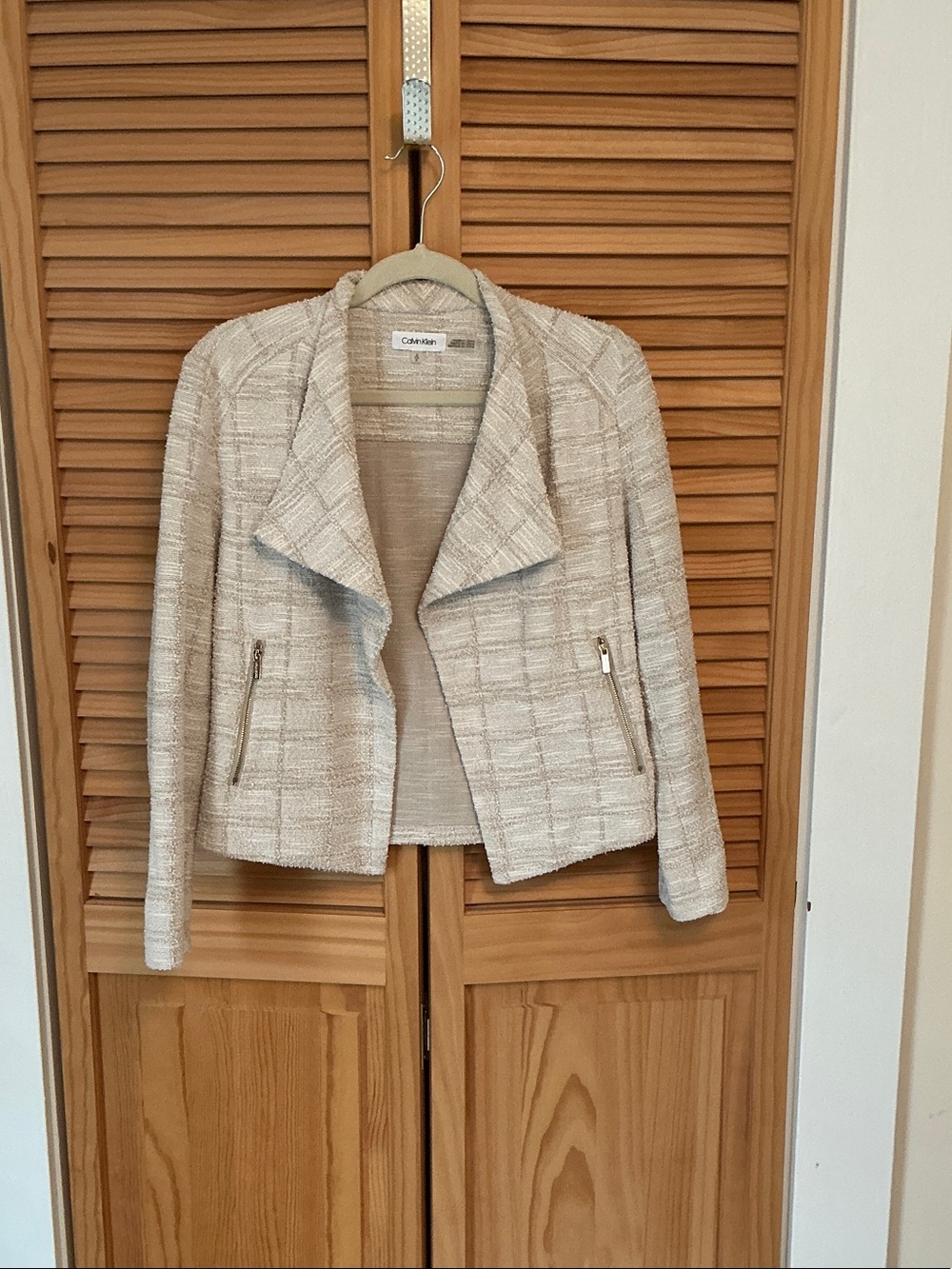 Calvin Klein Women's Cream Textured Tweed Open Jacket